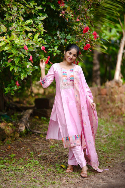 Elegant Baby Pink Embroidered  Stitched Kurta Pant & Designer Dupatta Set for Women