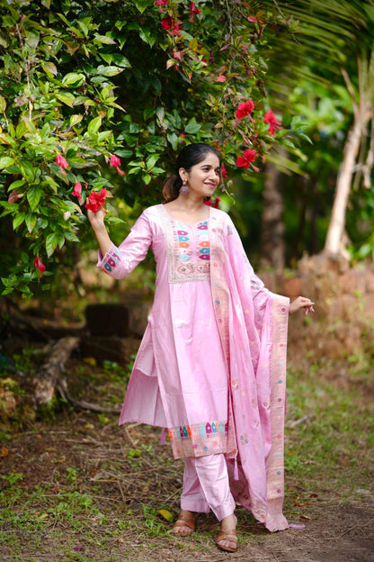 Elegant Baby Pink Embroidered  Stitched Kurta Pant & Designer Dupatta Set for Women