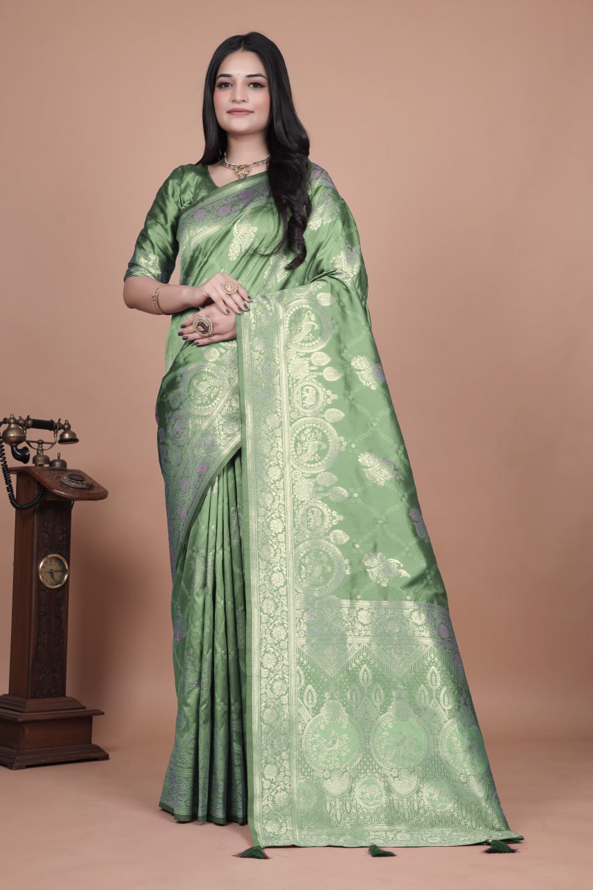 Charming Olive Green Banarasi Silk Saree with Traditional Silver Zari Floral Weaving