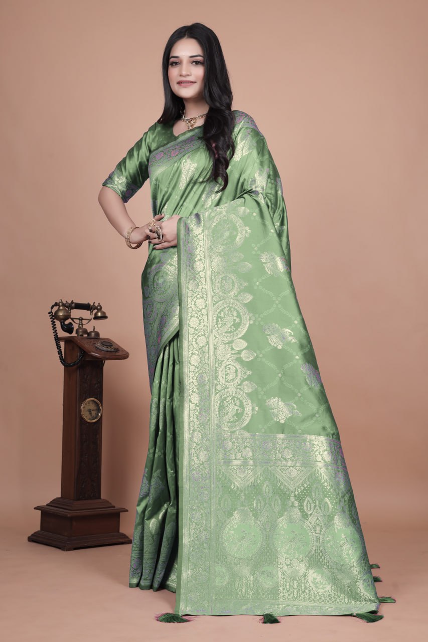 Charming Olive Green Banarasi Silk Saree with Traditional Silver Zari Floral Weaving