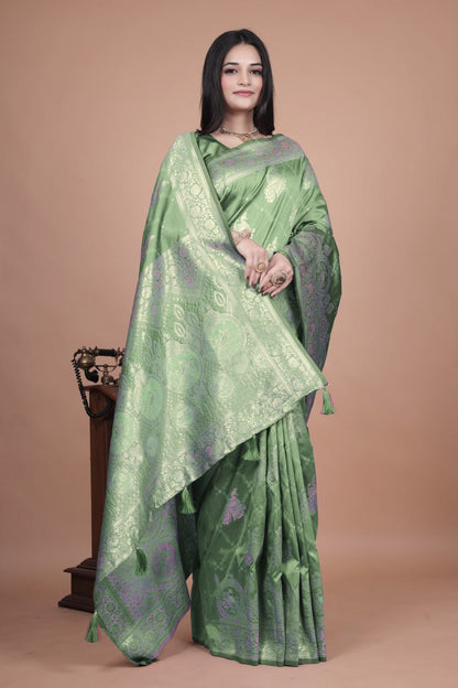 Charming Olive Green Banarasi Silk Saree with Traditional Silver Zari Floral Weaving