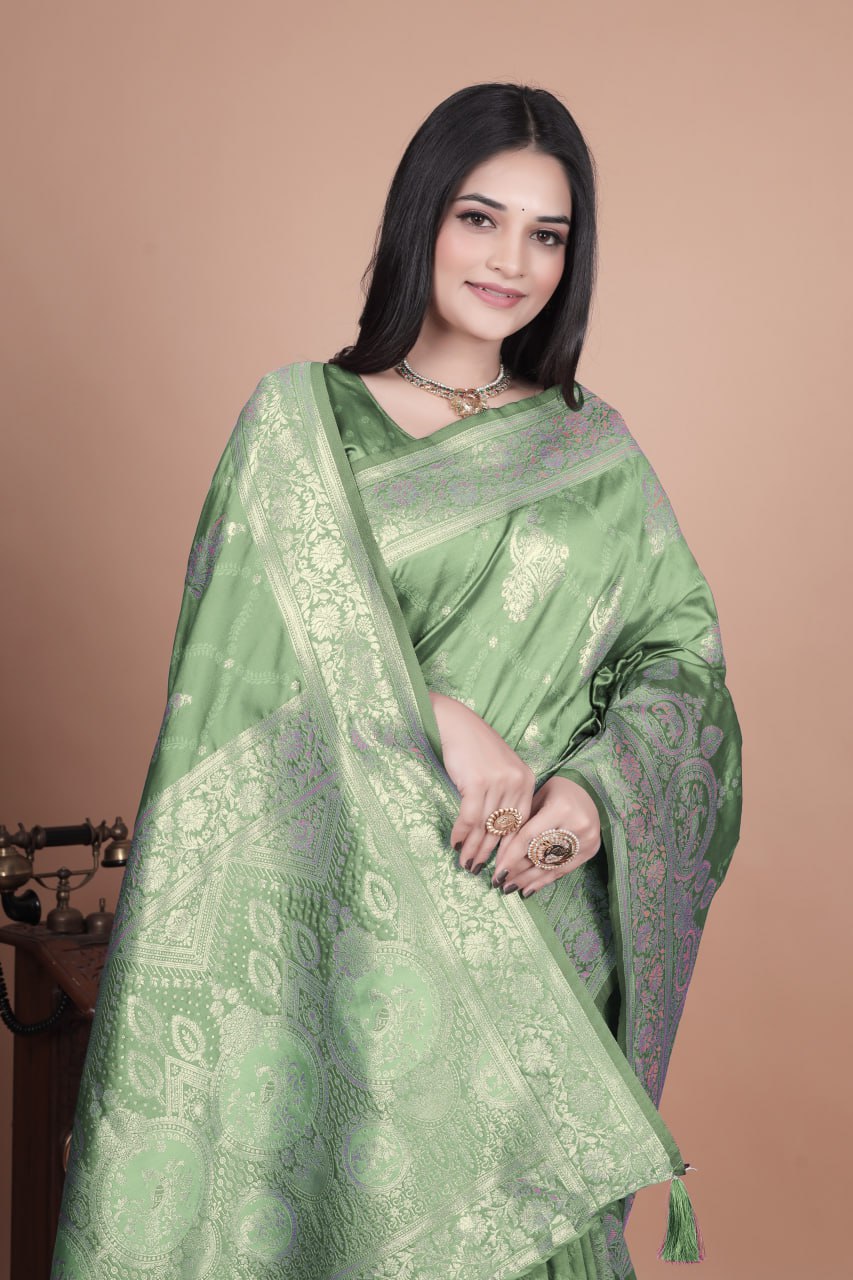 Charming Olive Green Banarasi Silk Saree with Traditional Silver Zari Floral Weaving