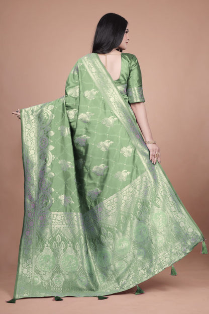 Charming Olive Green Banarasi Silk Saree with Traditional Silver Zari Floral Weaving