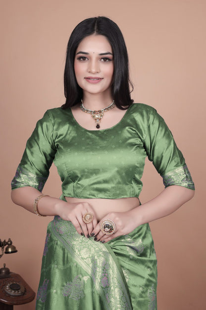 Charming Olive Green Banarasi Silk Saree with Traditional Silver Zari Floral Weaving