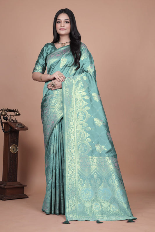 Royal Rama Green Woven Banarasi Silk Saree with Traditional Floral Zari Work