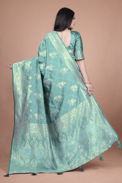 Royal Rama Green Woven Banarasi Silk Saree with Traditional Floral Zari Work