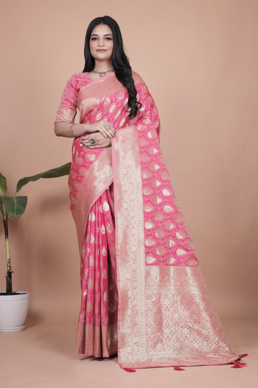 Gorgous Rani Pink Banarasi Silk Saree with All-Over Zari Butti & Rich Pallu