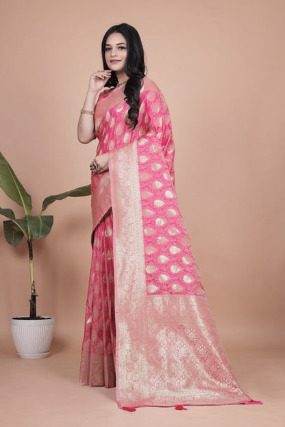 Gorgous Rani Pink Banarasi Silk Saree with All-Over Zari Butti & Rich Pallu