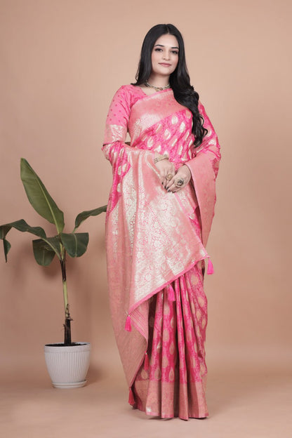 Gorgous Rani Pink Banarasi Silk Saree with All-Over Zari Butti & Rich Pallu