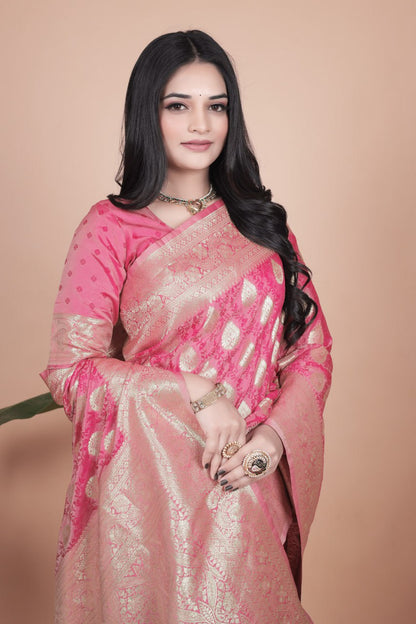 Gorgous Rani Pink Banarasi Silk Saree with All-Over Zari Butti & Rich Pallu