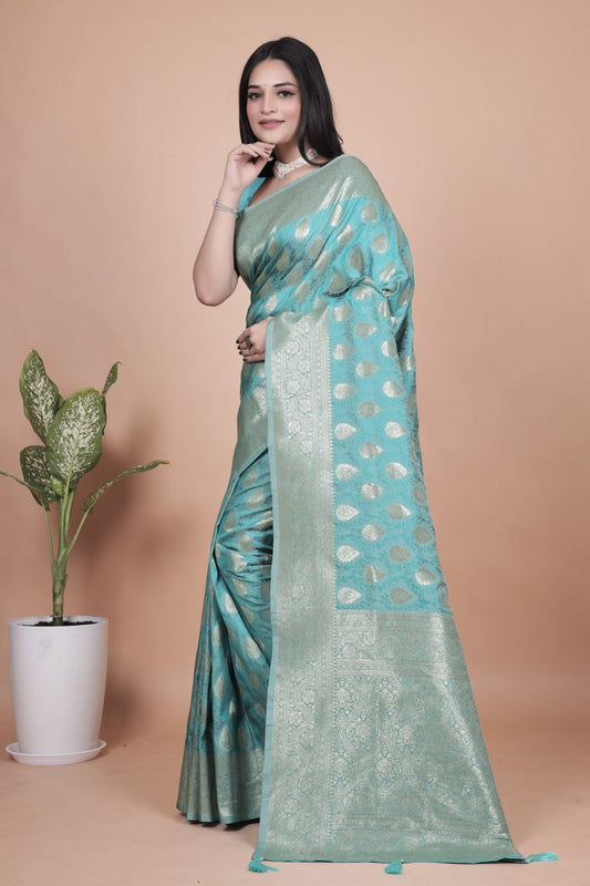 Sky Blue Banarasi Silk Saree with Silver Zari Butti and Ornate Pallu