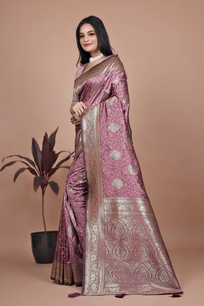 ❤️Dusty Rose Banarasi Silk Saree with Gold Zari Butti and Regal Pallu ❤️