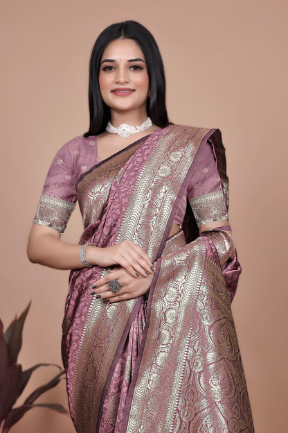 ❤️Dusty Rose Banarasi Silk Saree with Gold Zari Butti and Regal Pallu ❤️