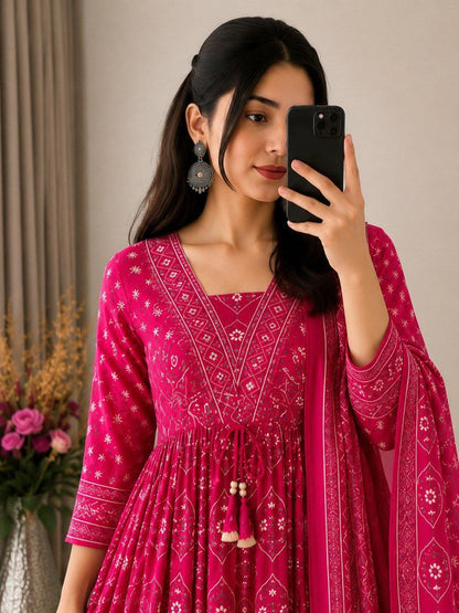 Rani Pink Printed Anarkali Pant Dupatta Set