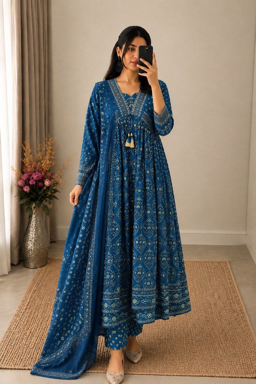Gorgeous Royal Blue Printed Anarkali Suit Set