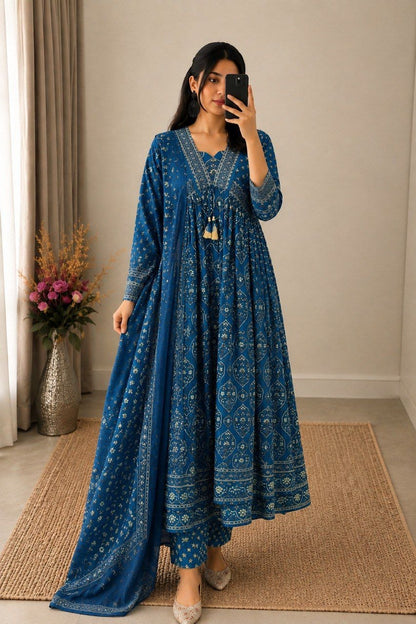 Gorgeous Royal Blue Printed Anarkali Suit Set