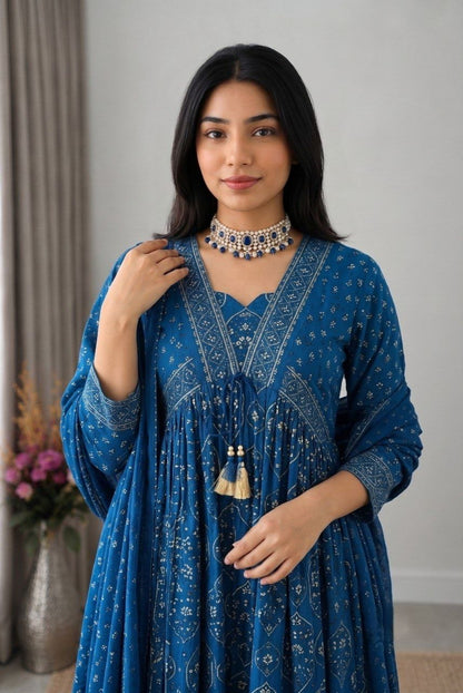 Gorgeous Royal Blue Printed Anarkali Suit Set