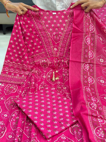 Rani Pink Printed Anarkali Pant Dupatta Set