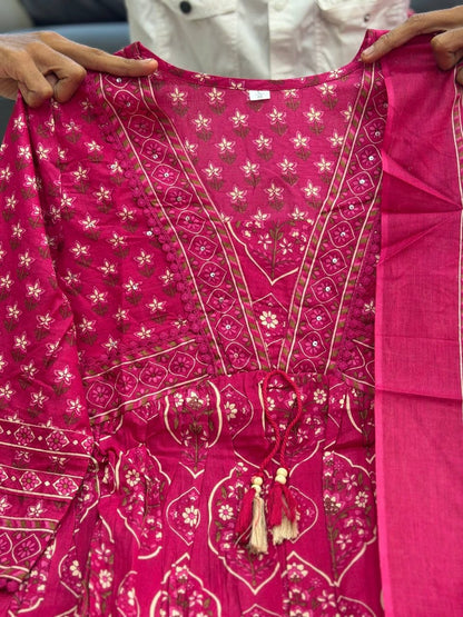 Rani Pink Printed Anarkali Pant Dupatta Set