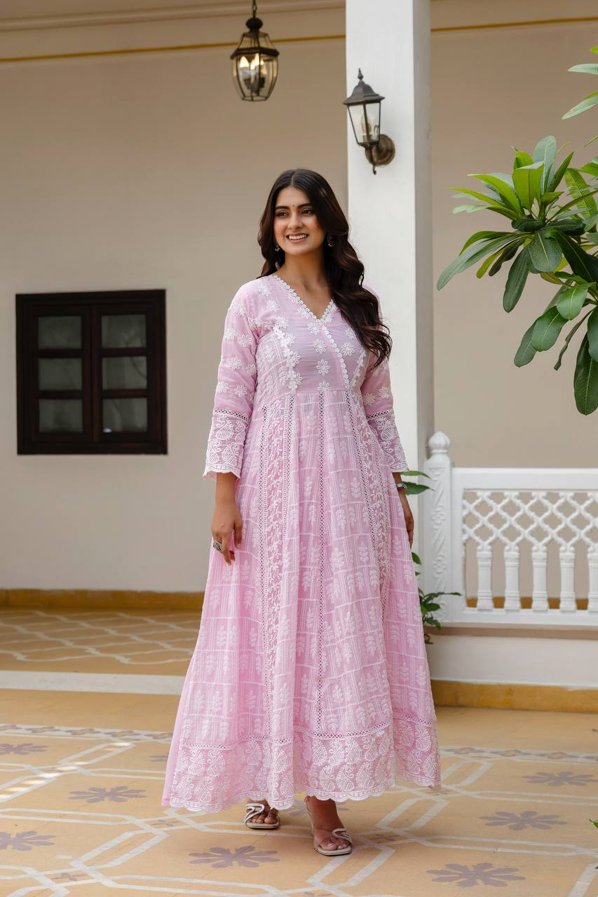 Elegant Pastel Pink Chikankari Anarkali Kurta Set with Matching Dupatta