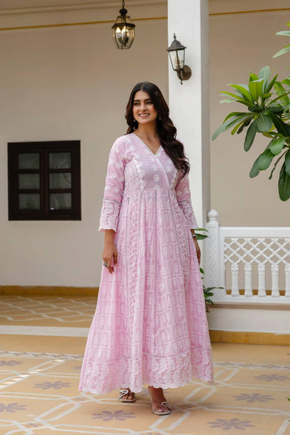 Elegant Pastel Pink Chikankari Anarkali Kurta Set with Matching Dupatta