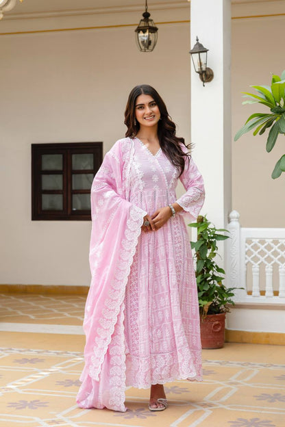 Elegant Pastel Pink Chikankari Anarkali Kurta Set with Matching Dupatta