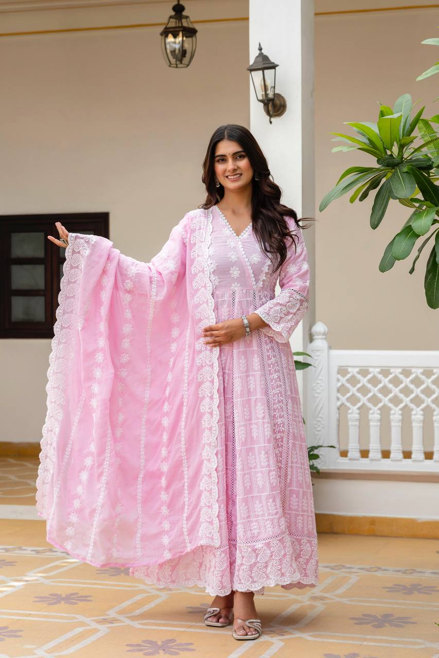 Elegant Pastel Pink Chikankari Anarkali Kurta Set with Matching Dupatta