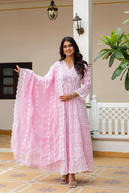 Elegant Pastel Pink Chikankari Anarkali Kurta Set with Matching Dupatta