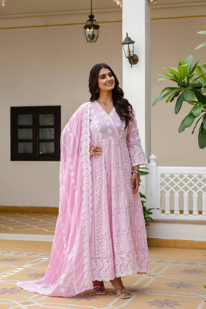 Elegant Pastel Pink Chikankari Anarkali Kurta Set with Matching Dupatta