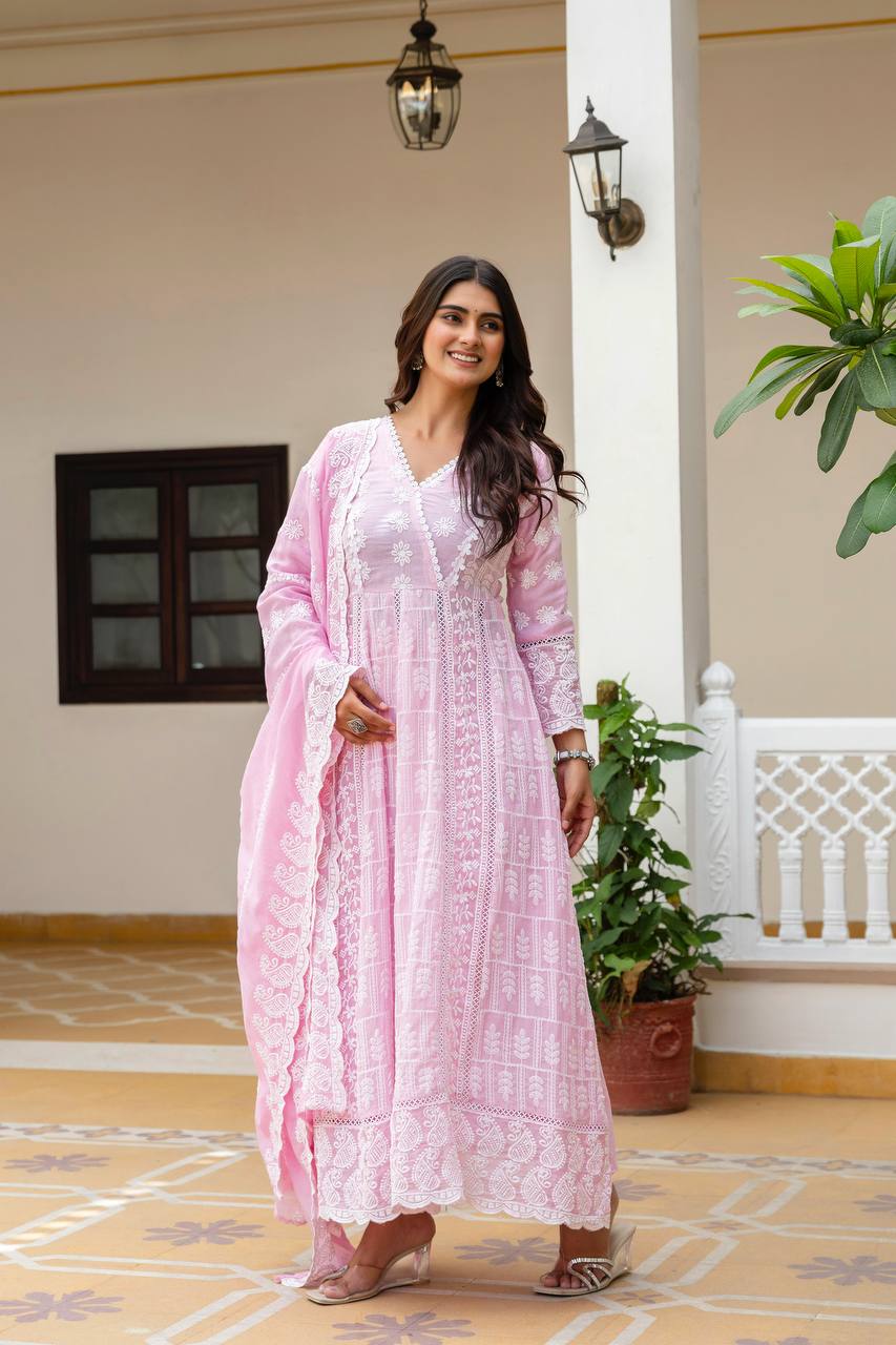 Elegant Pastel Pink Chikankari Anarkali Kurta Set with Matching Dupatta
