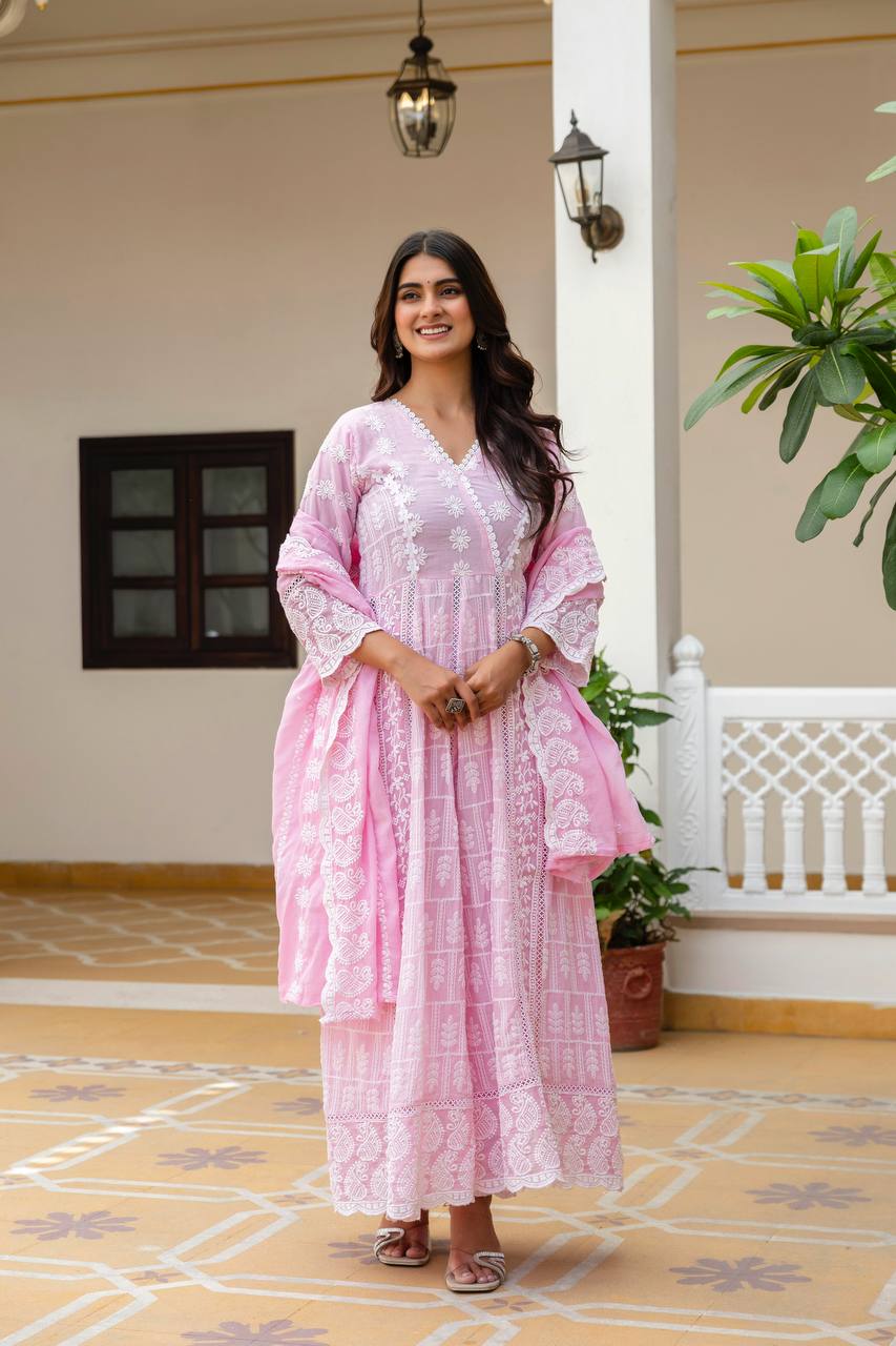 Elegant Pastel Pink Chikankari Anarkali Kurta Set with Matching Dupatta