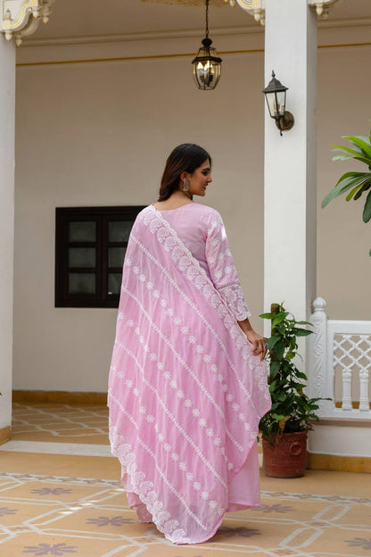 Elegant Pastel Pink Chikankari Anarkali Kurta Set with Matching Dupatta