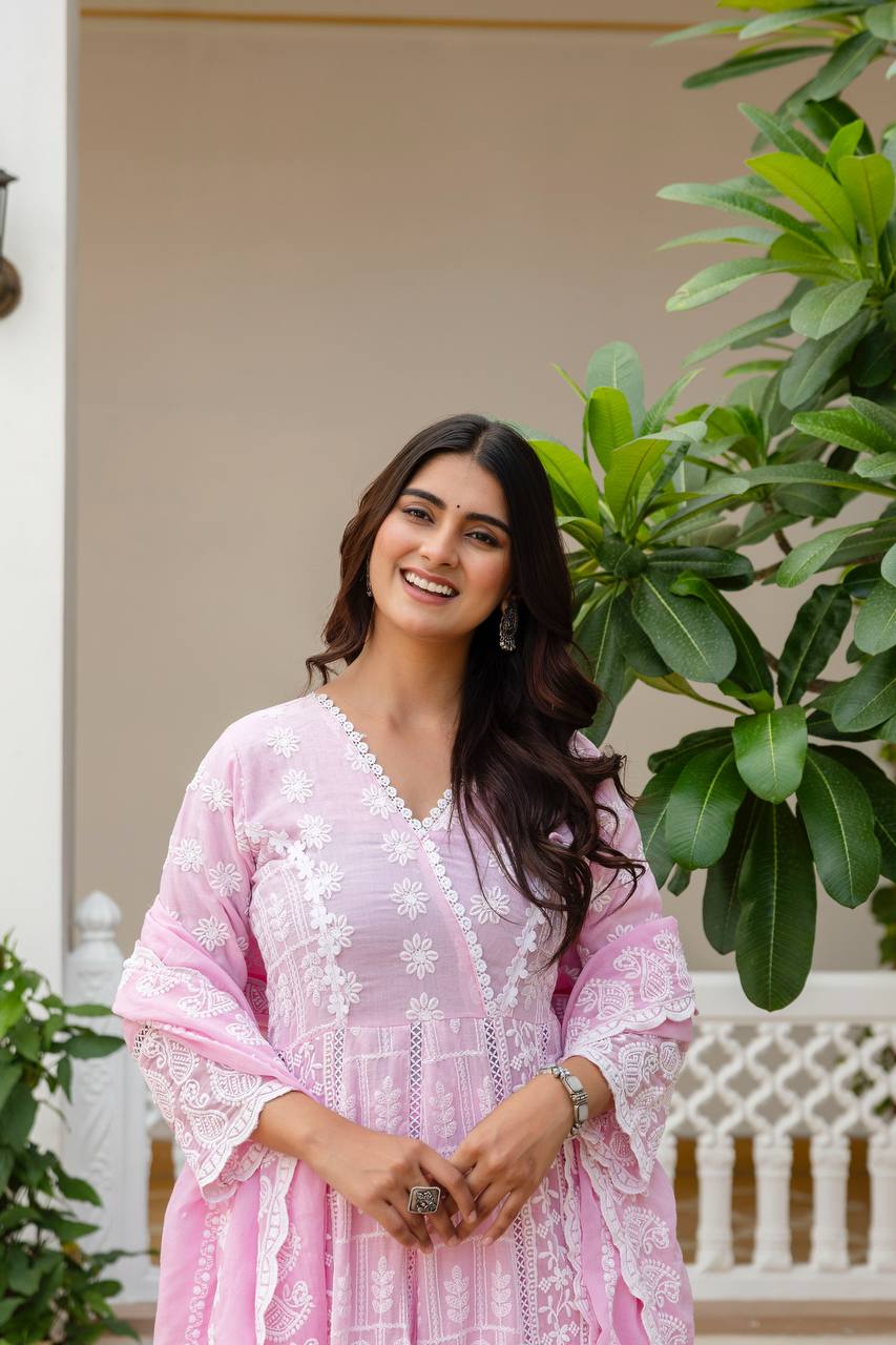 Elegant Pastel Pink Chikankari Anarkali Kurta Set with Matching Dupatta