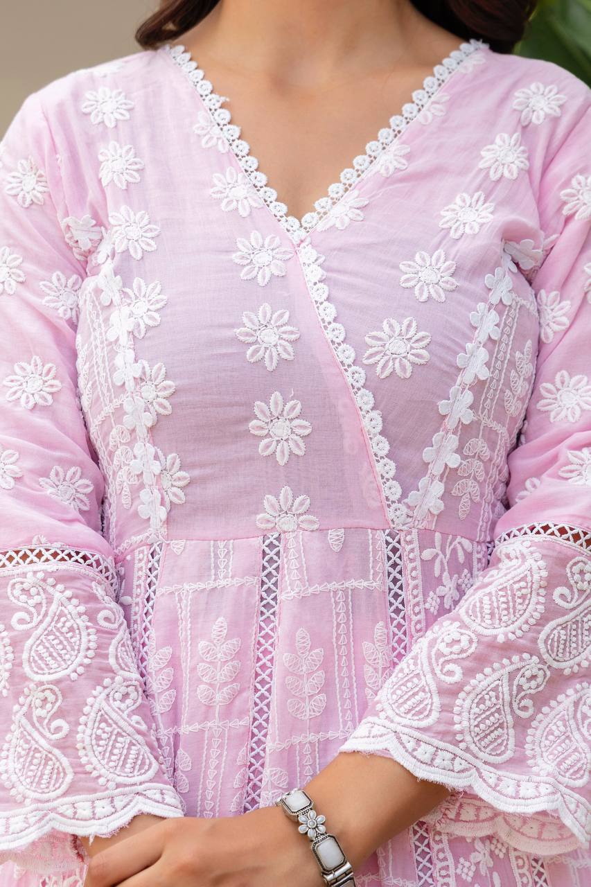 Elegant Pastel Pink Chikankari Anarkali Kurta Set with Matching Dupatta