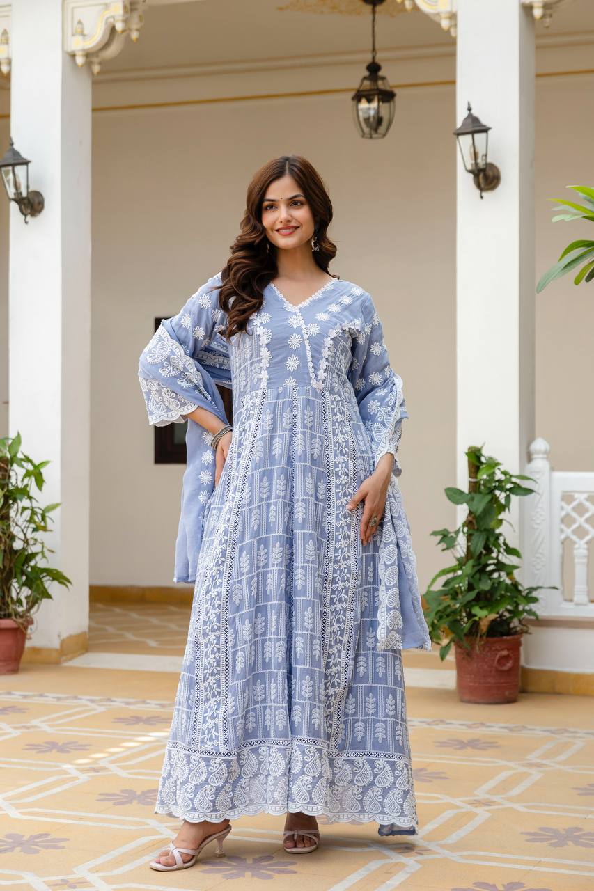 Beautiful Pastel Blue Chikankari Anarkali Kurta Set with Matching Dupatta