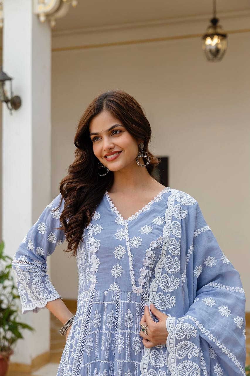 Beautiful Pastel Blue Chikankari Anarkali Kurta Set with Matching Dupatta