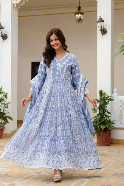 Beautiful Pastel Blue Chikankari Anarkali Kurta Set with Matching Dupatta