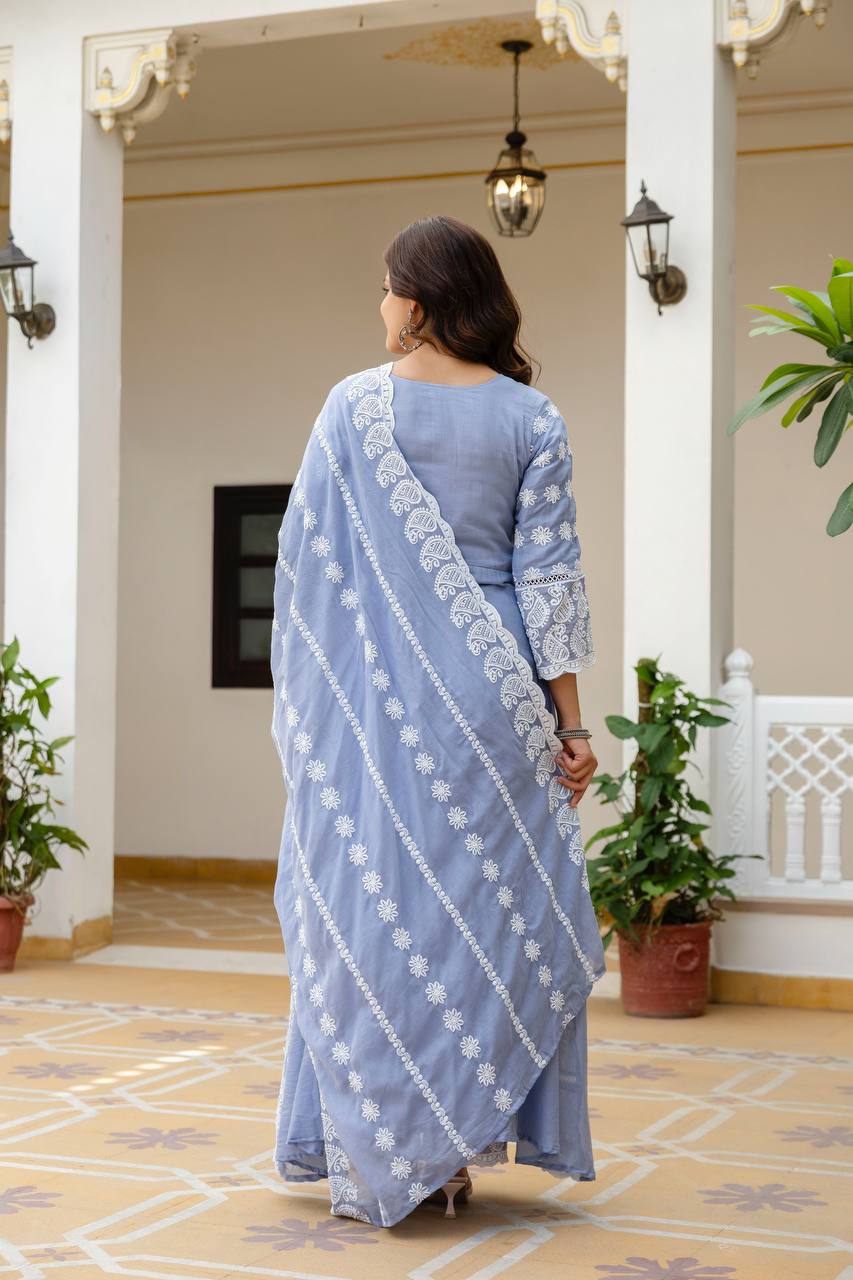 Beautiful Pastel Blue Chikankari Anarkali Kurta Set with Matching Dupatta