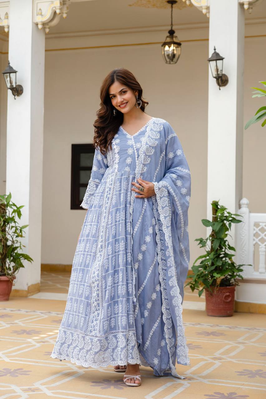 Beautiful Pastel Blue Chikankari Anarkali Kurta Set with Matching Dupatta