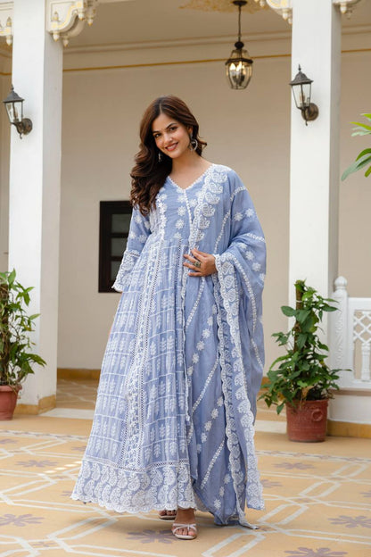 Beautiful Pastel Blue Chikankari Anarkali Kurta Set with Matching Dupatta