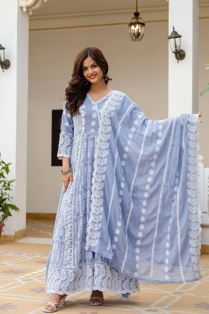 Beautiful Pastel Blue Chikankari Anarkali Kurta Set with Matching Dupatta