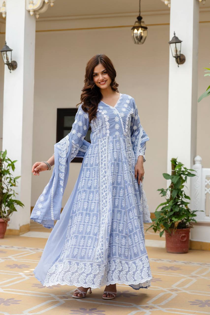 Beautiful Pastel Blue Chikankari Anarkali Kurta Set with Matching Dupatta