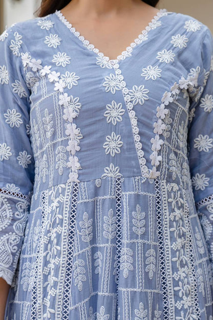 Beautiful Pastel Blue Chikankari Anarkali Kurta Set with Matching Dupatta