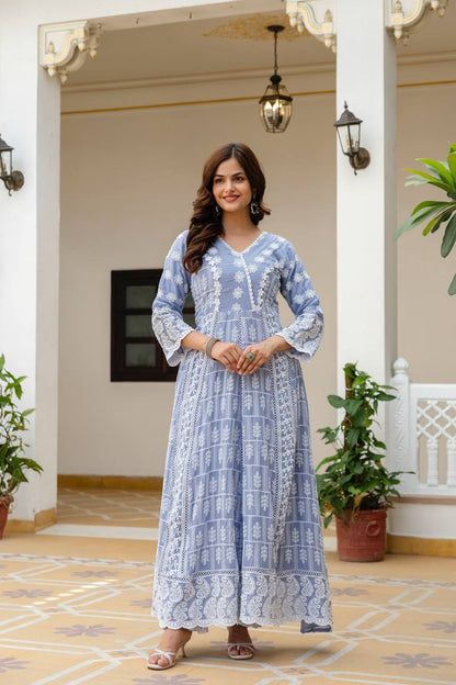 Beautiful Pastel Blue Chikankari Anarkali Kurta Set with Matching Dupatta