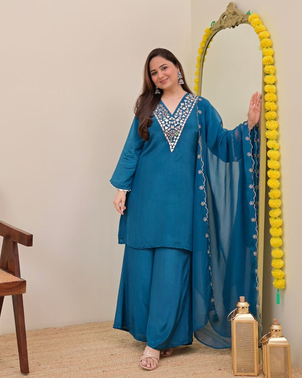 Elegant Teal Blue Embroidered Kurta Palazzo Set with Chiffon Dupatta for Women