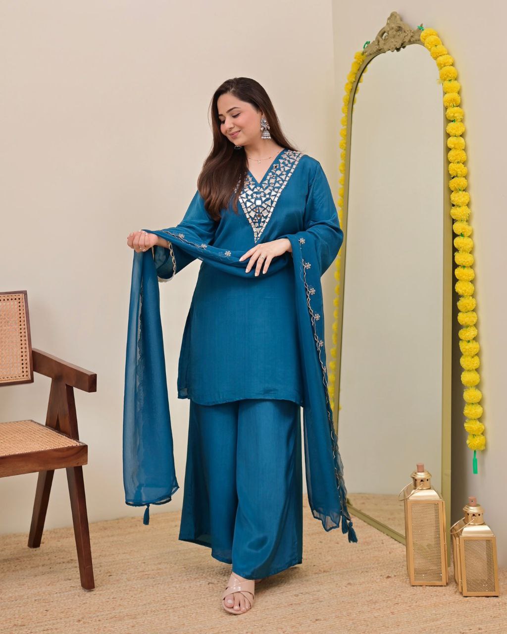 Elegant Teal Blue Embroidered Kurta Palazzo Set with Chiffon Dupatta for Women