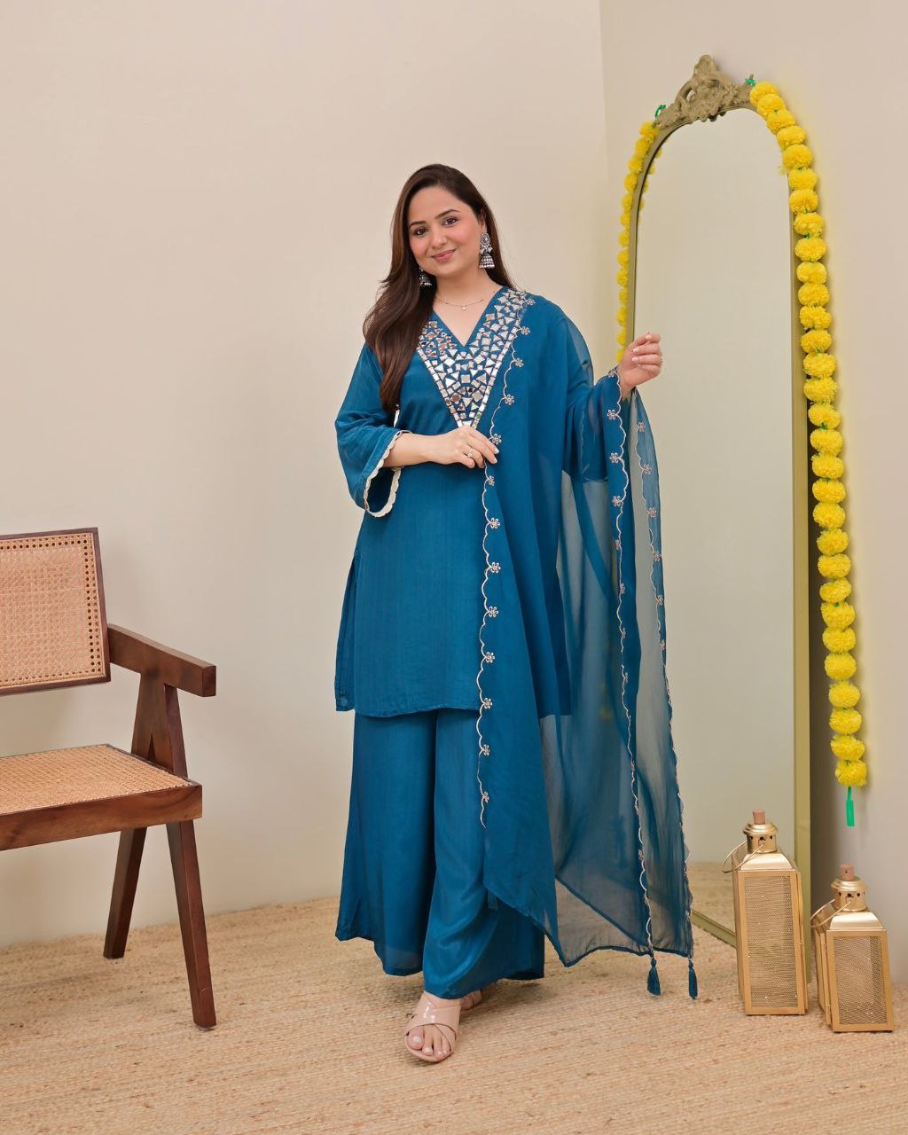 Elegant Teal Blue Embroidered Kurta Palazzo Set with Chiffon Dupatta for Women