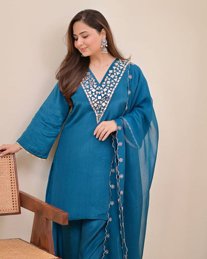 Elegant Teal Blue Embroidered Kurta Palazzo Set with Chiffon Dupatta for Women