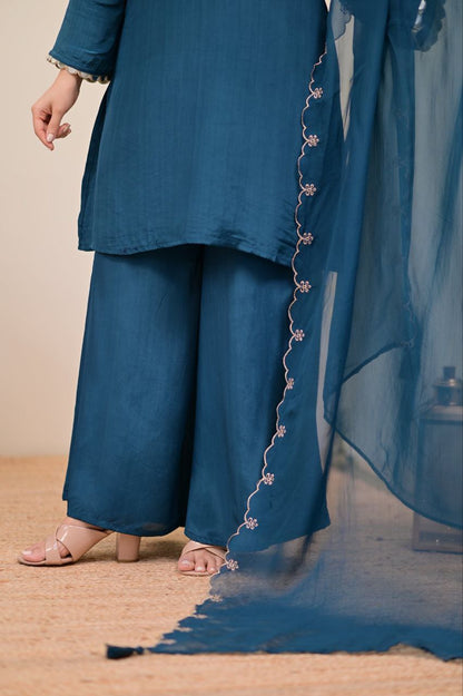 Elegant Teal Blue Embroidered Kurta Palazzo Set with Chiffon Dupatta for Women
