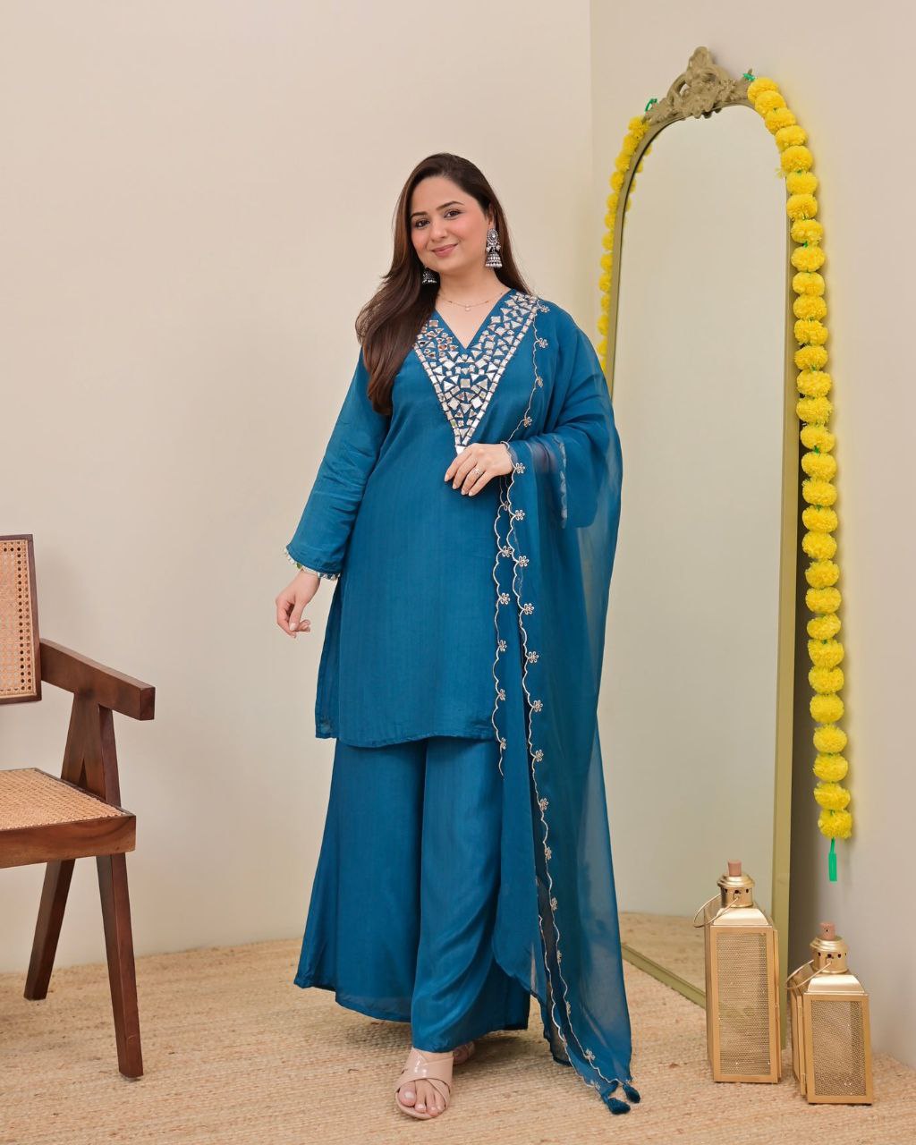 Elegant Teal Blue Embroidered Kurta Palazzo Set with Chiffon Dupatta for Women